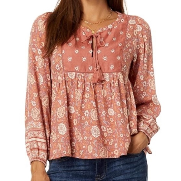 Lucky Brand Tops - LUCKY BRAND long sleeve boho tassel blouse size medium Aragon multi floral
